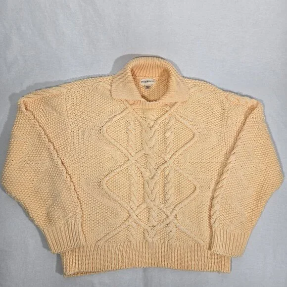 Vintage JW ROBINSON'S 90 Yellow Cotton Chunky Cable Knit Fisherman Sweater SizeM - Picture 6 of 17
